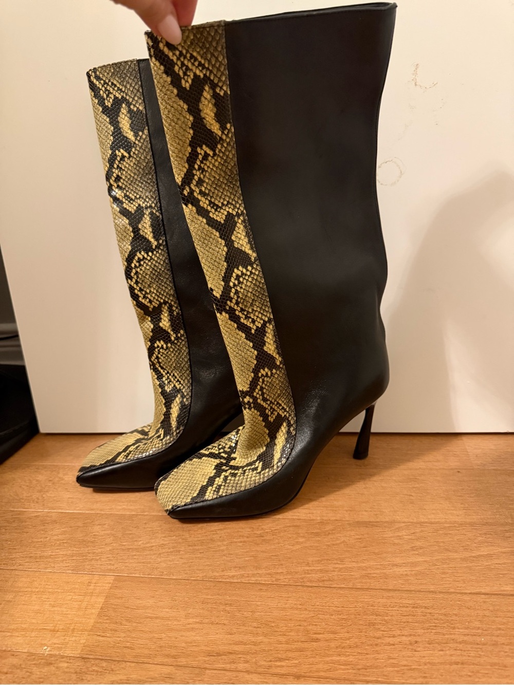 Authentic Jimmy Choo Black Leather Knee Boots with Gold Snake-Print Panel